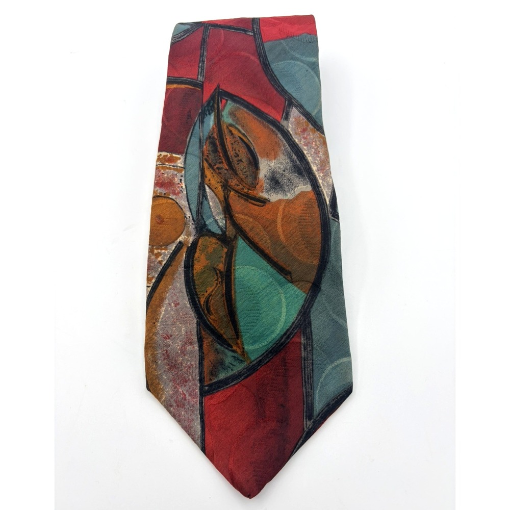 Albert Nipon Geometric Blue Red Silver Designer Tie 57.5" x 4"